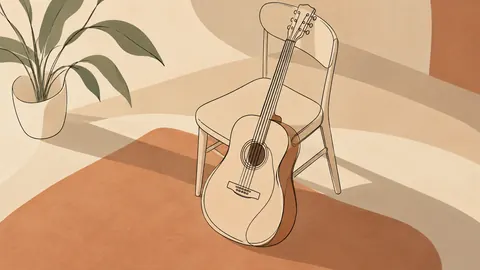 Acoustic guitar leaning against a plain chair – minimal continuous-line illustration Frame TV art