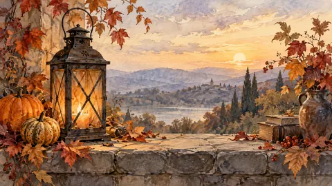 Halloween antique lantern and autumn leaves – elegant watercolor Frame TV art