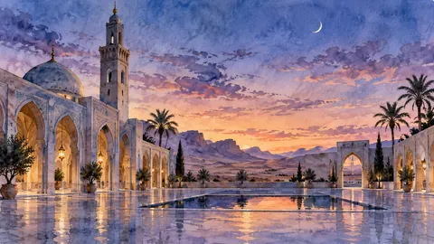 Desert prayer courtyard without people or lettering – subtle watercolor Frame TV art