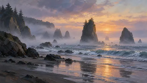 Sea stacks emerging through morning mist – atmospheric oil painting Frame TV art