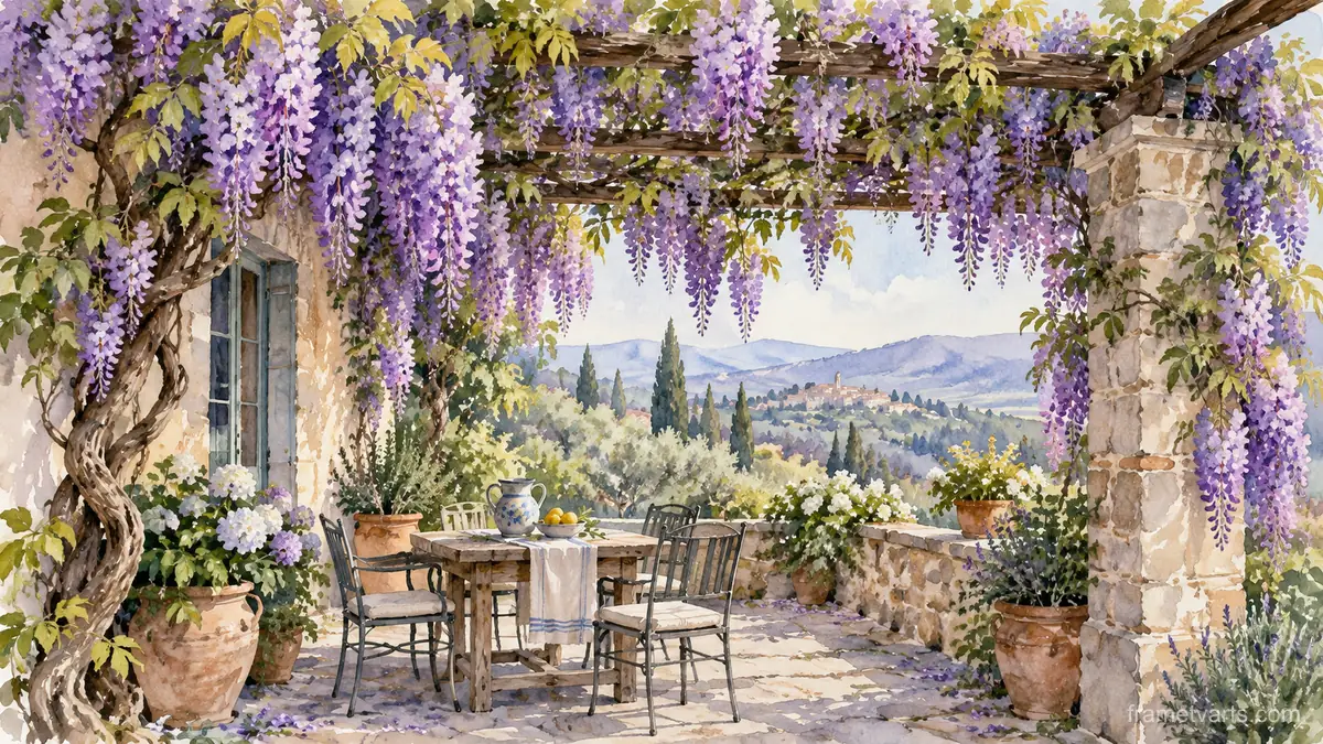 Wisteria cascading from a pergola – botanical watercolor Samsung Frame TV art, 4K