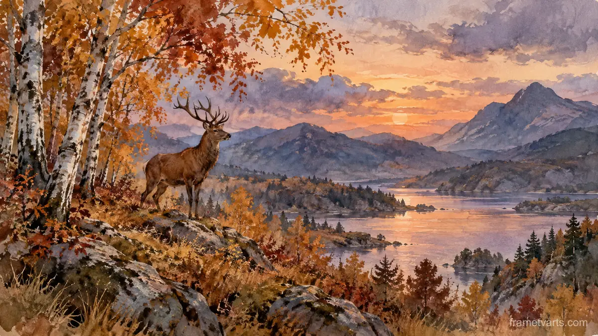 Red deer beneath autumn birches – loose watercolor Samsung Frame TV art, 4K