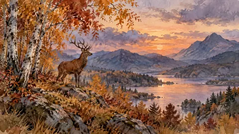 Red deer beneath autumn birches – loose watercolor Frame TV art