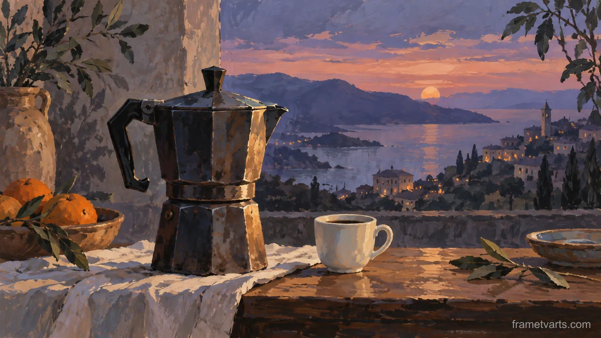 Coffee pot and a small plain porcelain cup – modern gouache still life Samsung Frame TV art, 4K