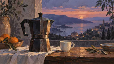 Coffee pot and a small plain porcelain cup – modern gouache still life Frame TV art