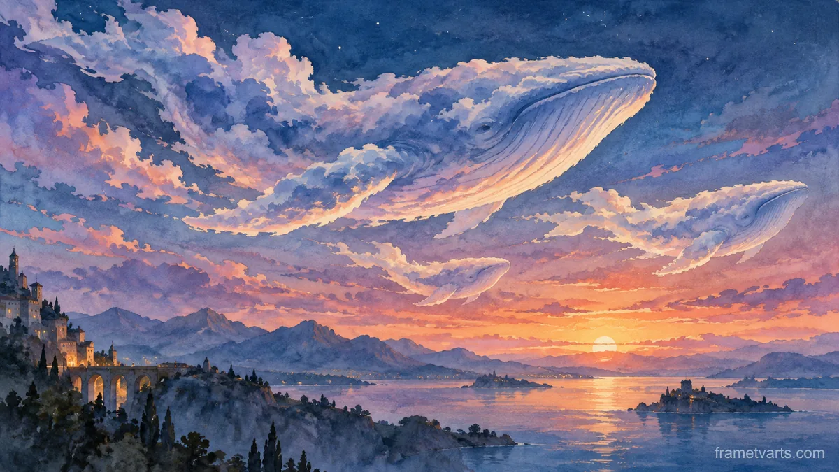 Cloud-shaped whales crossing a twilight sky – dreamlike watercolor Samsung Frame TV art, 4K