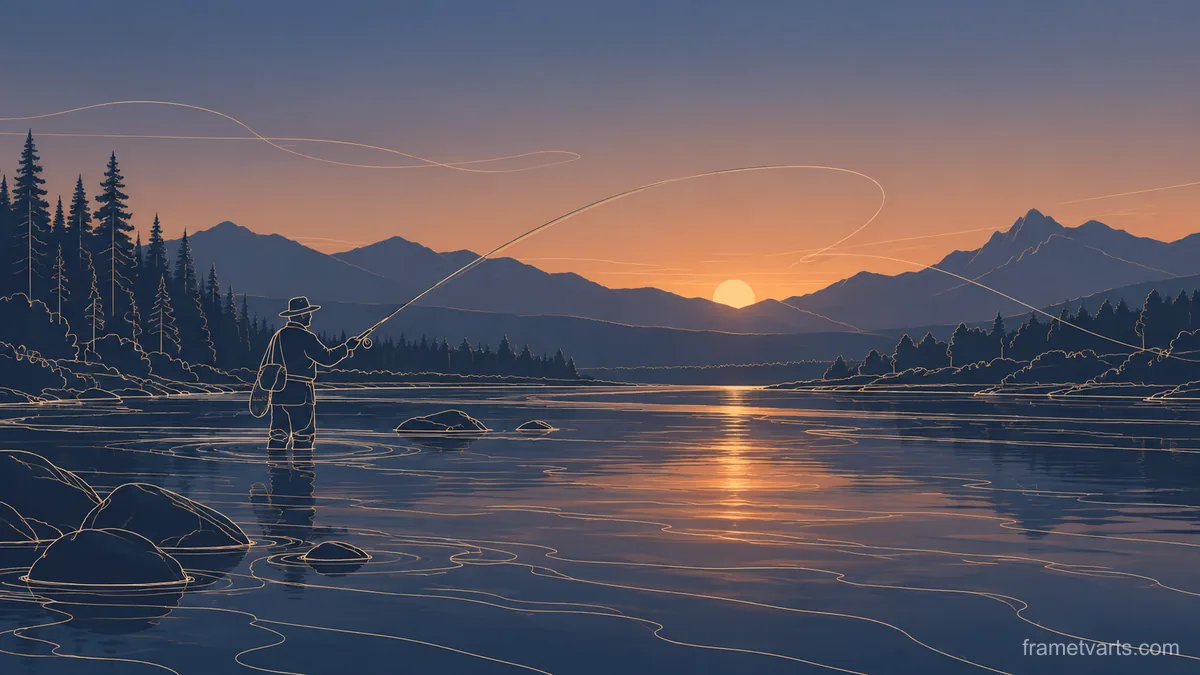 Fly fishing on a tranquil river – minimal continuous-line illustration Samsung Frame TV art, 4K