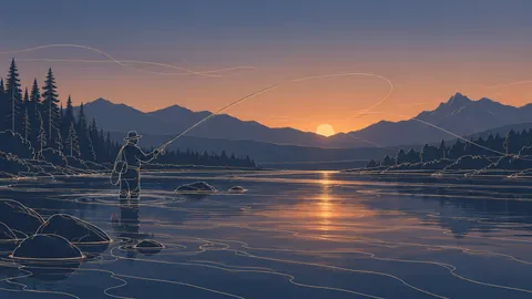 Fly fishing on a tranquil river – minimal continuous-line illustration Frame TV art
