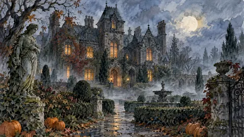 Halloween haunted manor in a misty garden – elegant watercolor Frame TV art