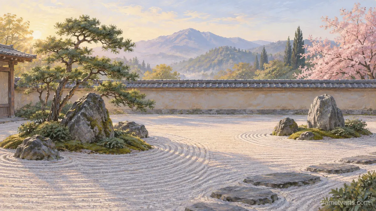 Quiet zen rock garden with carefully raked sand – soft pastel landscape Samsung Frame TV art, 4K