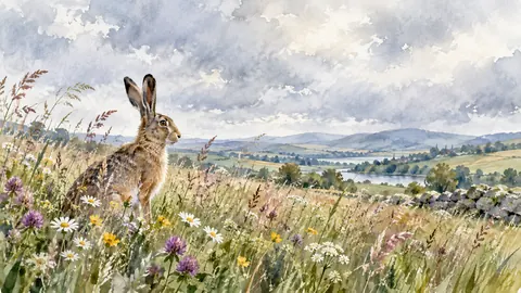 Hare among flowering meadow grasses – loose watercolor Frame TV art