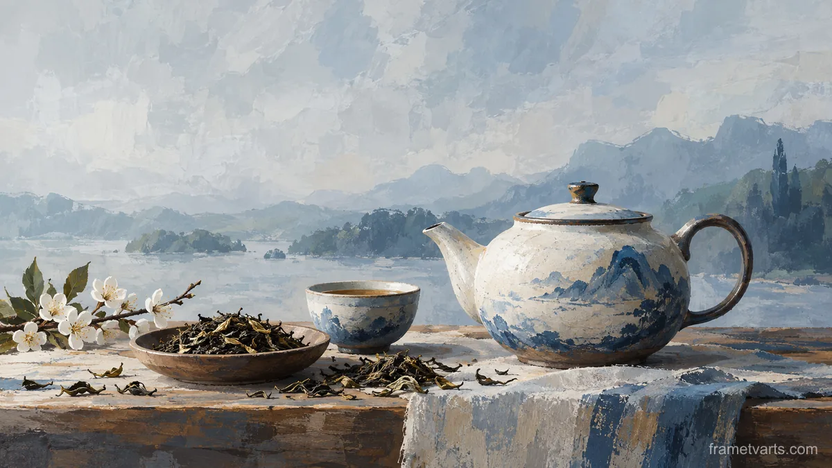 Teapot and loose tea leaves – modern gouache still life Samsung Frame TV art, 4K
