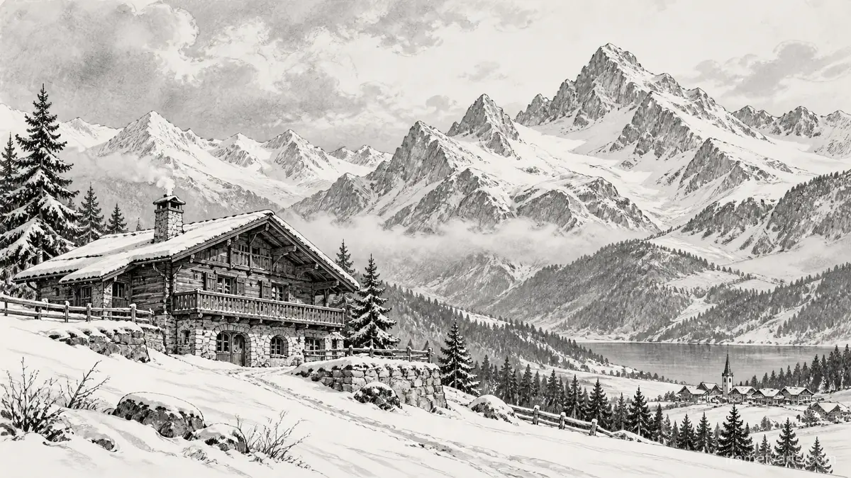 Alpine timber chalet beneath mountain peaks – architectural ink drawing Samsung Frame TV art, 4K