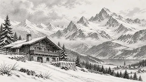 Alpine timber chalet beneath mountain peaks – architectural ink drawing Frame TV art