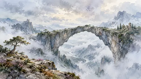 Stone arch suspended over a misty valley – dreamlike watercolor Frame TV art