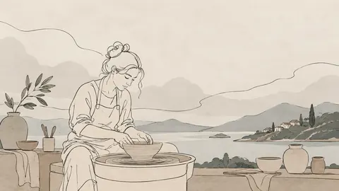 Potter shaping a bowl at a wheel – minimal continuous-line illustration Frame TV art