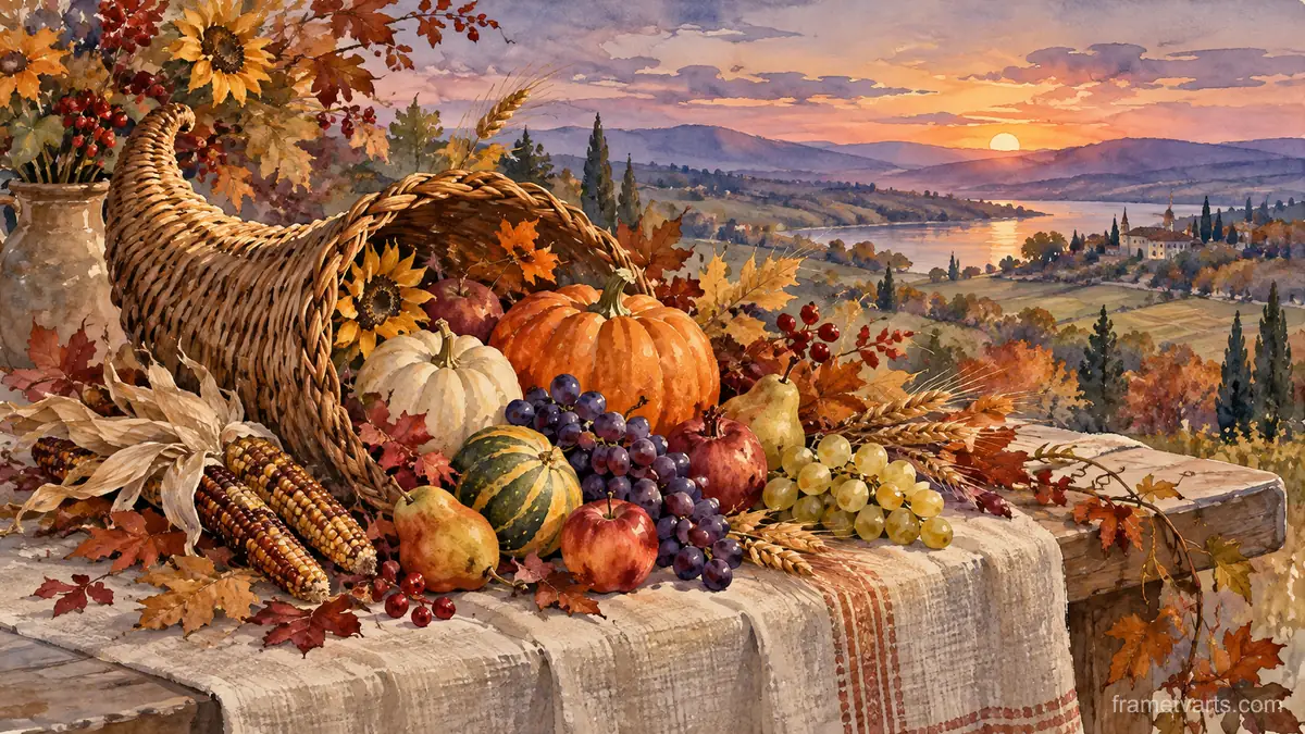 Thanksgiving harvest cornucopia on linen – elegant watercolor Samsung Frame TV art, 4K
