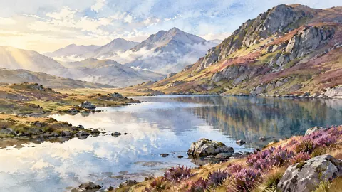 Highland tarn beneath heather slopes – loose watercolor Frame TV art