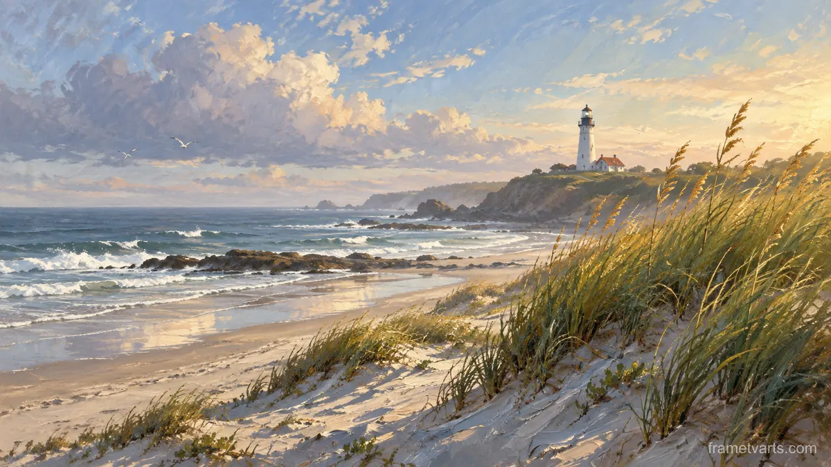 Dune grass and a distant lighthouse – atmospheric oil painting Samsung Frame TV art, 4K
