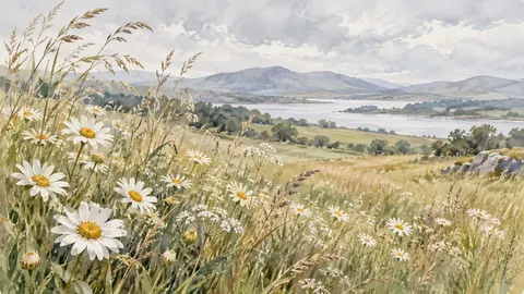 Meadow daisies and airy grasses – botanical watercolor Frame TV art