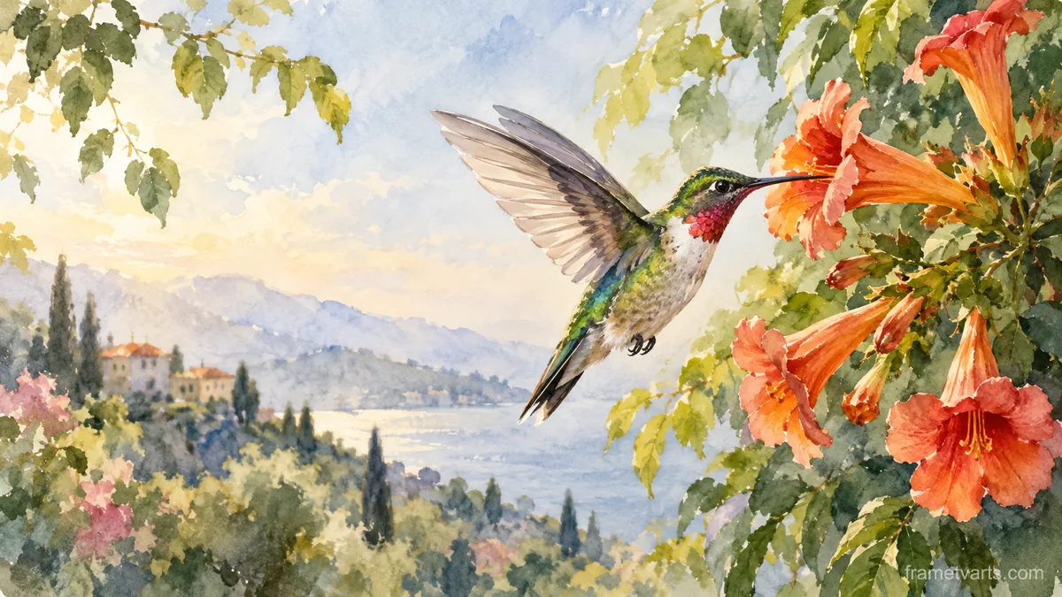 Hummingbird hovering beside trumpet flowers – loose watercolor Samsung Frame TV art, 4K