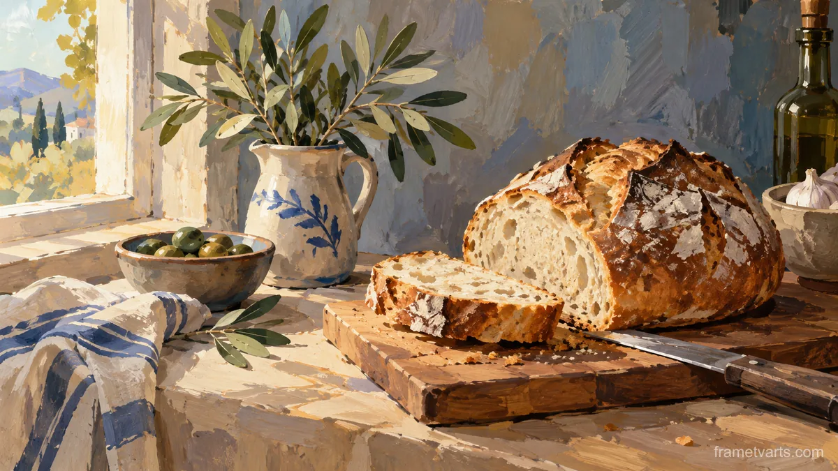 Rustic bread on a wooden cutting board – modern gouache still life Samsung Frame TV art, 4K