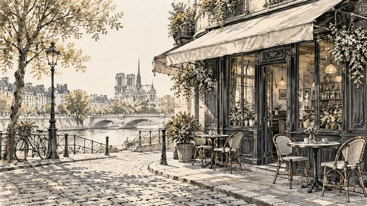 Quiet Paris-inspired corner cafe without lettering – architectural ink drawing Samsung Frame TV art, 4K