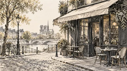 Quiet Paris-inspired corner cafe without lettering – architectural ink drawing Frame TV art