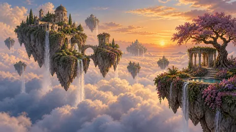 Floating garden islands over a cloud sea – surrealist fine-art illustration Frame TV art
