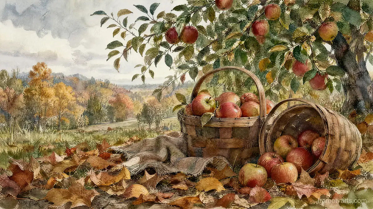 Thanksgiving orchard baskets and fallen leaves – elegant watercolor Samsung Frame TV art, 4K
