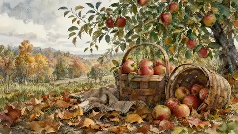 Thanksgiving orchard baskets and fallen leaves – elegant watercolor Frame TV art