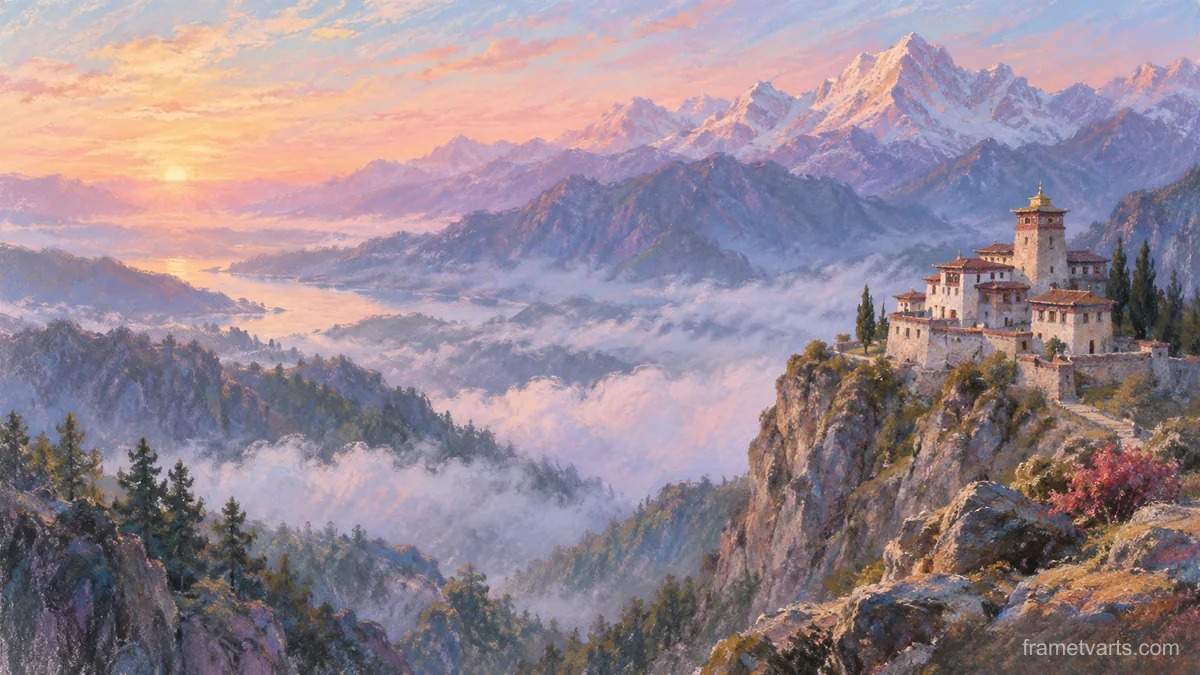 Mountain monastery at dawn – soft pastel landscape Samsung Frame TV art, 4K
