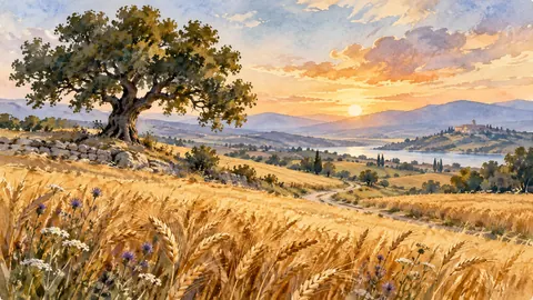 Golden wheat field and lone oak – loose watercolor Frame TV art