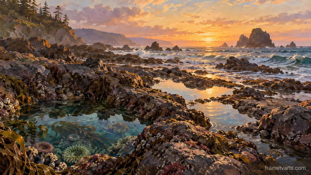 Tide pools scattered across rocky shore – atmospheric oil painting Samsung Frame TV art, 4K