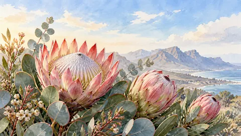 Protea flowers with sculptural foliage – botanical watercolor Frame TV art