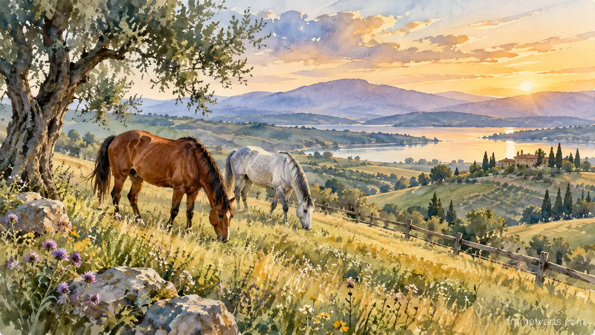 Two horses grazing on rolling pasture – loose watercolor Samsung Frame TV art, 4K