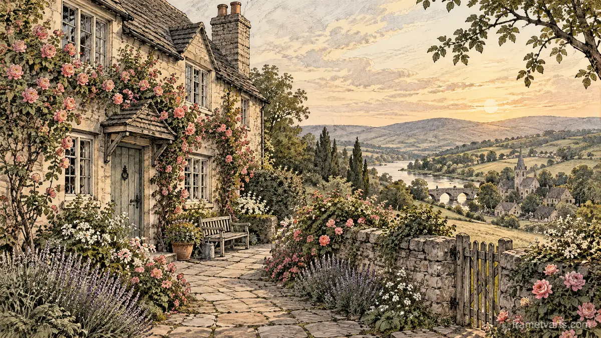 English cottage with a climbing rose garden – architectural ink drawing Samsung Frame TV art, 4K
