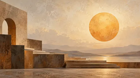 Sunlike disk above abstract architectural steps – earth-tone textured abstraction Frame TV art