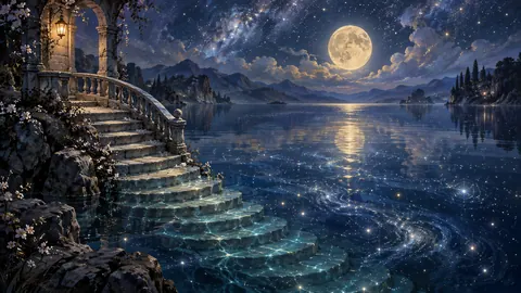 Moonlit staircase leading into a starry lake – surrealist fine-art illustration Frame TV art