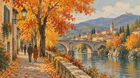 Small figures strolling beneath autumn trees – vintage-style gouache illustration Frame TV art