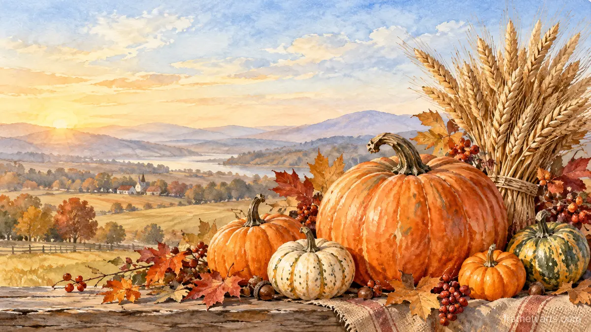 Thanksgiving pumpkin arrangement beside wheat – elegant watercolor Samsung Frame TV art, 4K