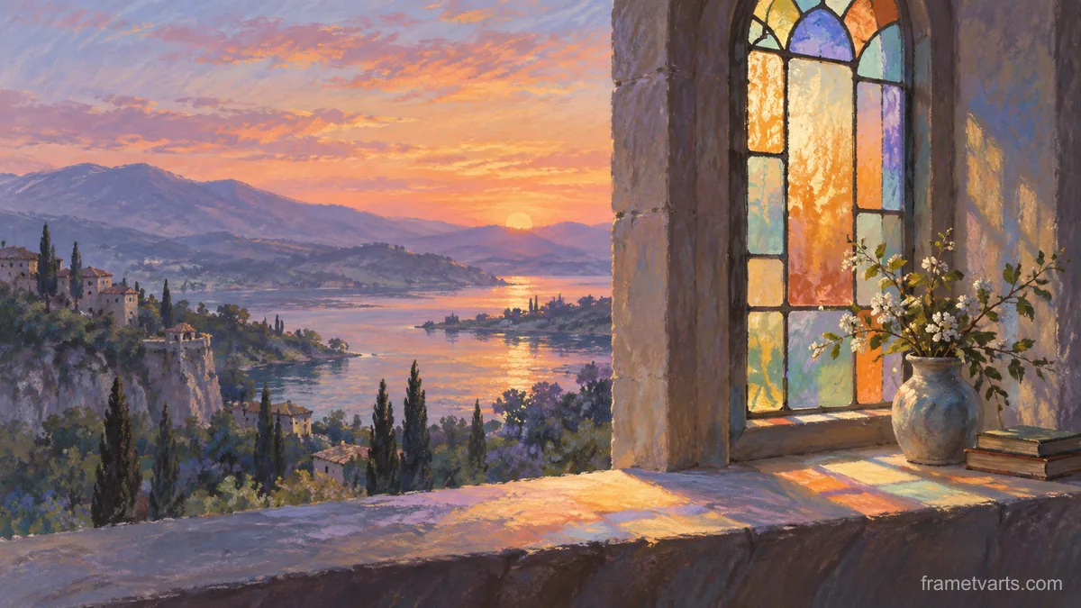 Sunlight through simple stained glass without figures – soft pastel landscape Samsung Frame TV art, 4K