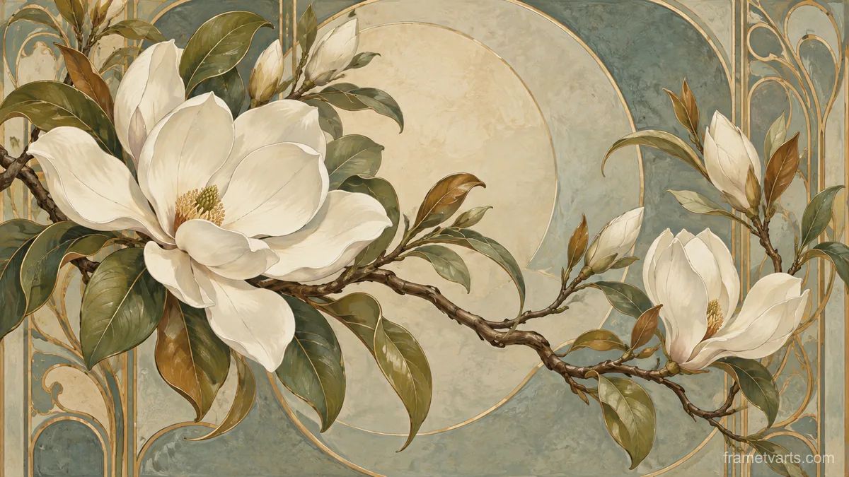 White magnolia branch with unfurling leaves – decorative art nouveau painting Samsung Frame TV art, 4K