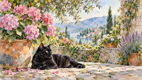 Black cat resting in a sunlit garden – loose watercolor Frame TV art