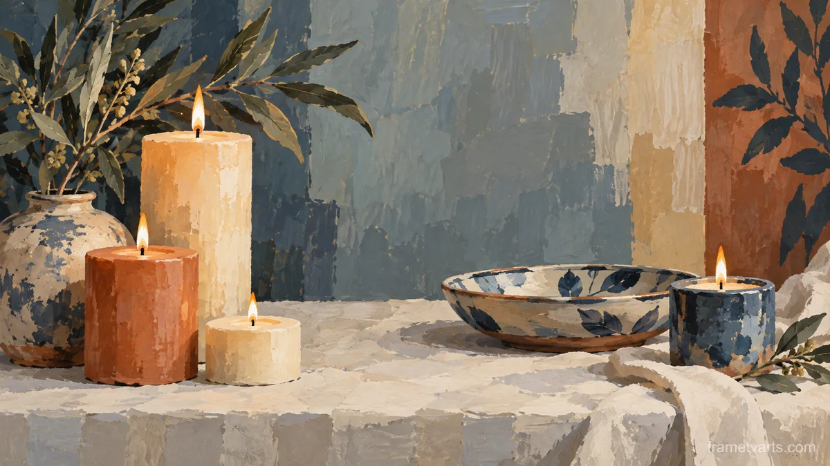 Candles and a shallow ceramic dish – modern gouache still life Samsung Frame TV art, 4K