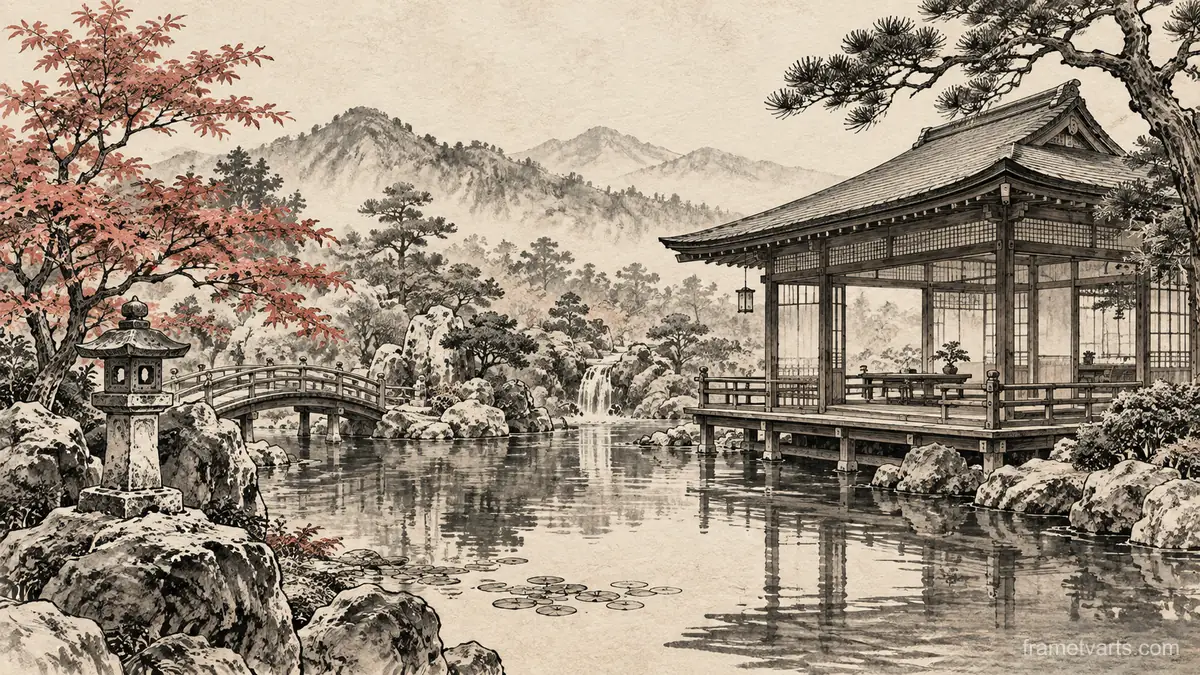 Japanese-inspired wooden garden pavilion – architectural ink drawing Samsung Frame TV art, 4K