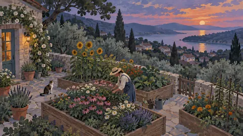 Gardener tending raised flower beds – vintage-style gouache illustration Frame TV art