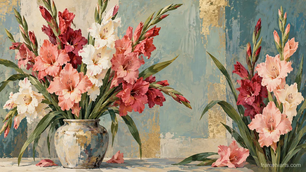 Birth-flower-inspired bouquet of gladiolus – decorative gouache keepsake composition Samsung Frame TV art, 4K