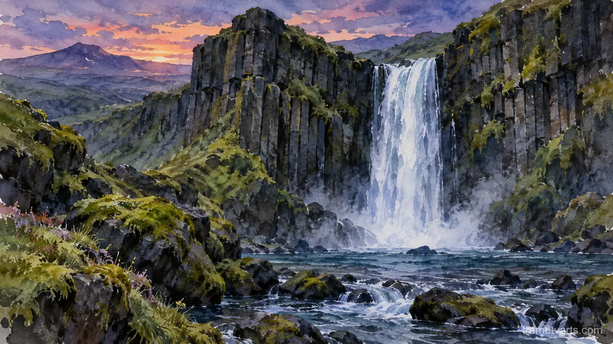 Waterfall between mossy basalt cliffs – loose watercolor Samsung Frame TV art, 4K