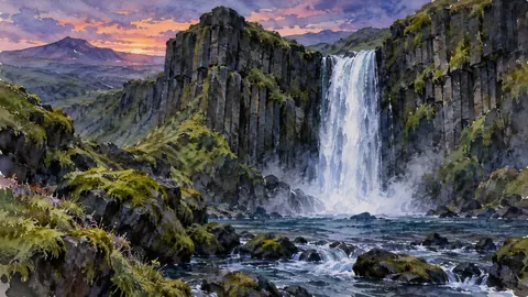 Waterfall between mossy basalt cliffs – loose watercolor Frame TV art